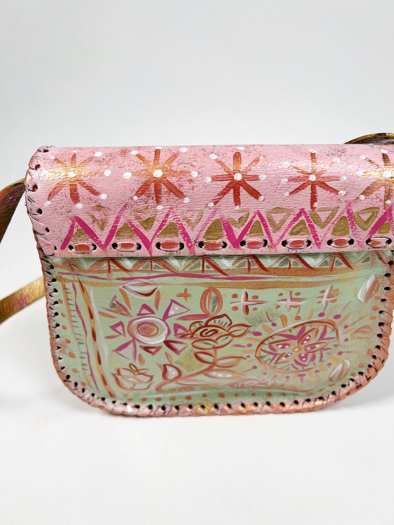 Coraline up-cycled hand painted leather shoulder handbag by Mer Rose Atelier