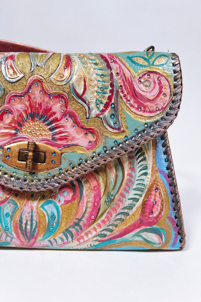 Milly top handle hand painted leather purse by Mer Rose Atelier