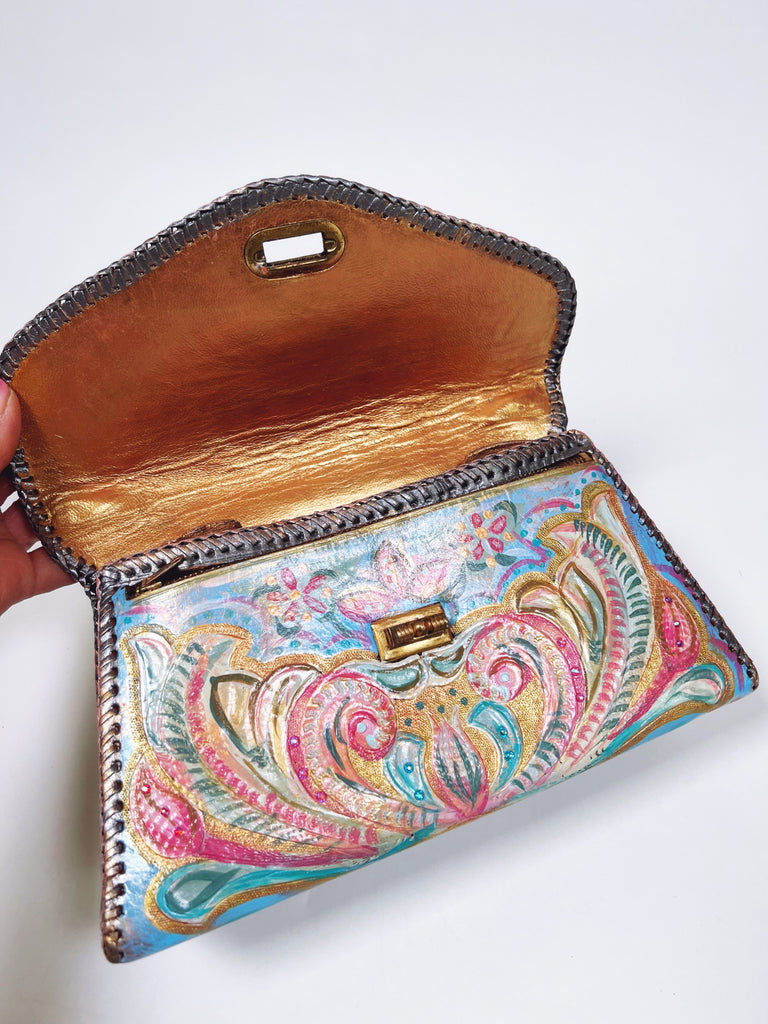 Milly top handle hand painted leather purse by Mer Rose Atelier