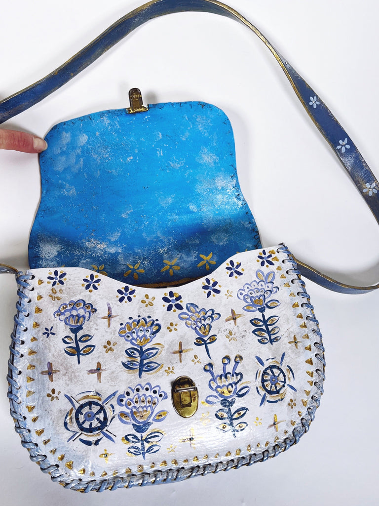 Delphine hand painted vintage leather handbag at Mer Rose Atelier by Marla Meridith