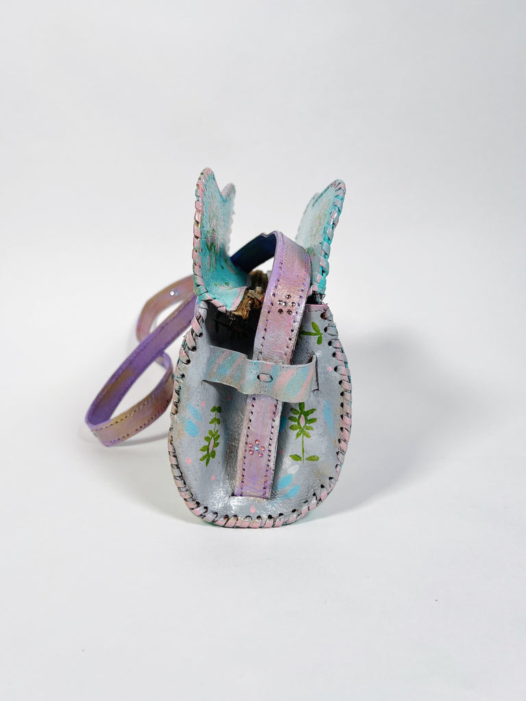 Hand painted, up cycled real leather handbag in pastel colors by Mer Rose Atelier