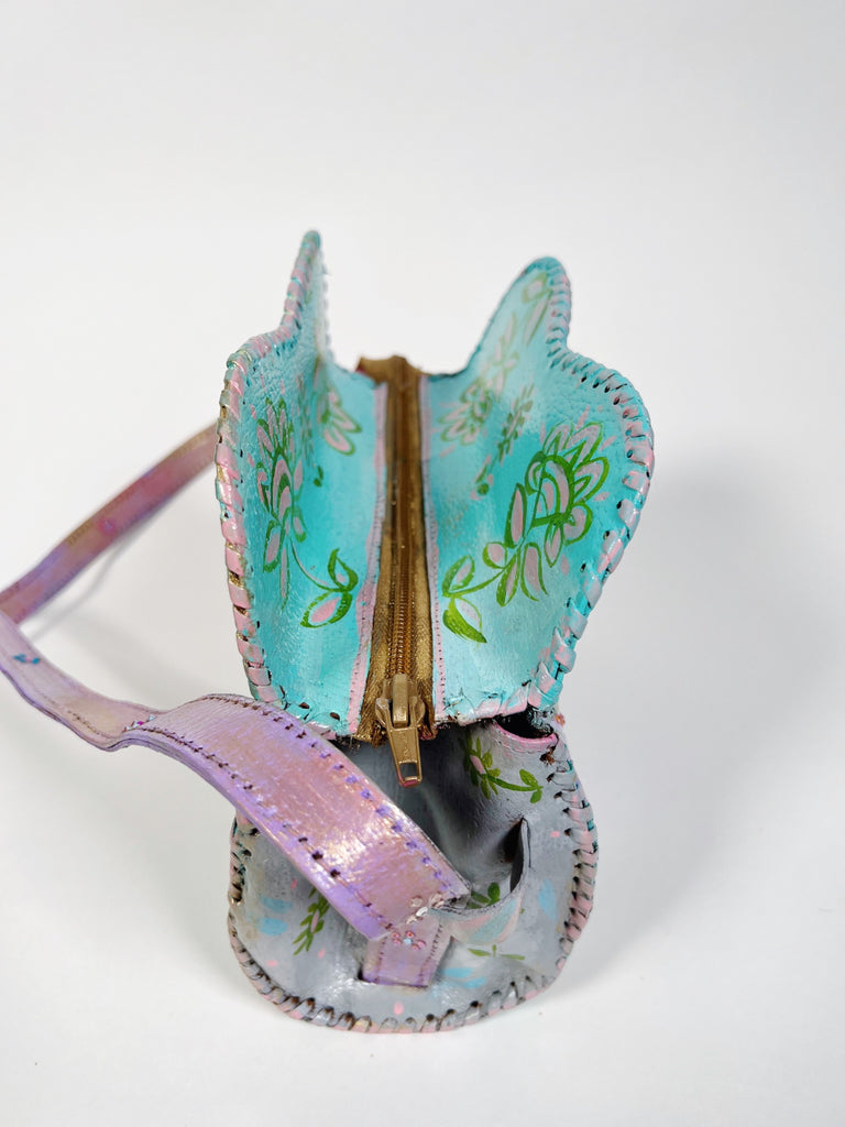 Hand painted, up cycled real leather handbag in pastel colors by Mer Rose Atelier
