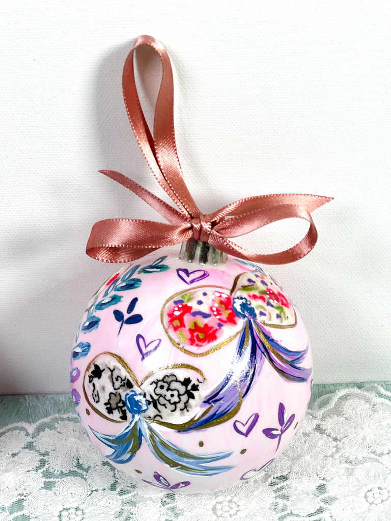 Pretty hand painted, one-of-a-kind holiday Christmas ornaments available to shop on Mer Rose Atelier