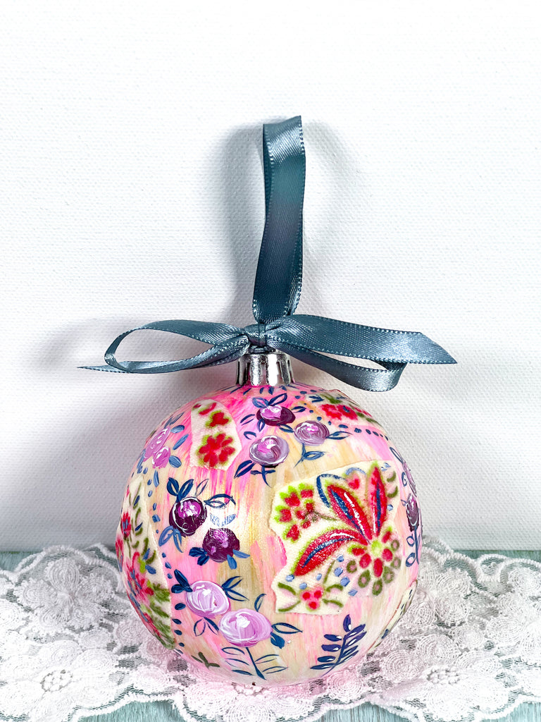 Pretty hand painted, one-of-a-kind holiday Christmas ornaments available to shop on Mer Rose Atelier