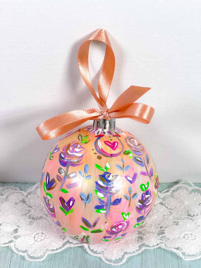 Pretty hand painted, one-of-a-kind holiday Christmas ornaments available to shop on Mer Rose Atelier