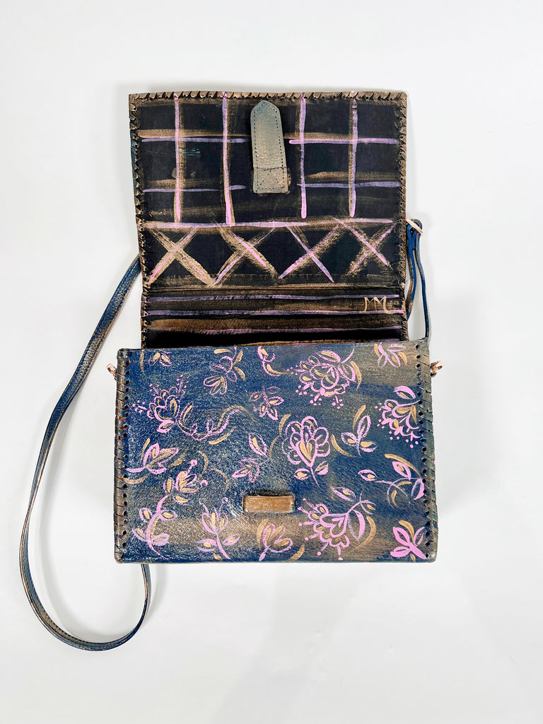 Jasmine crossbody handbag, one-of-a-kind, luxury, upcycled, handprinted, real leather. Piece by Mer Rose Atelier.