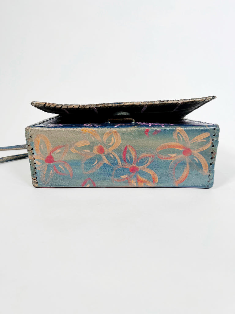 Jasmine crossbody handbag, one-of-a-kind, luxury, upcycled, handprinted, real leather. Piece by Mer Rose Atelier.
