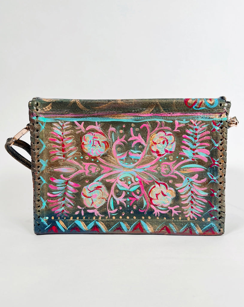 Jasmine crossbody handbag, one-of-a-kind, luxury, upcycled, handprinted, real leather. Piece by Mer Rose Atelier.