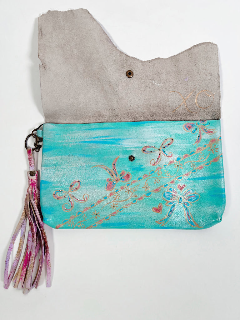 One-of-a-kind, hand painted, up cycled Mer Rose Atelier leather bag by artist  Marla Meridith