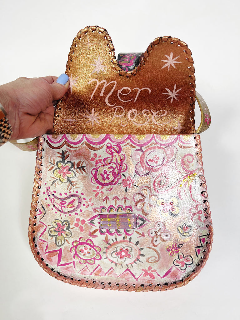 Coraline up-cycled hand painted leather shoulder handbag by Mer Rose Atelier