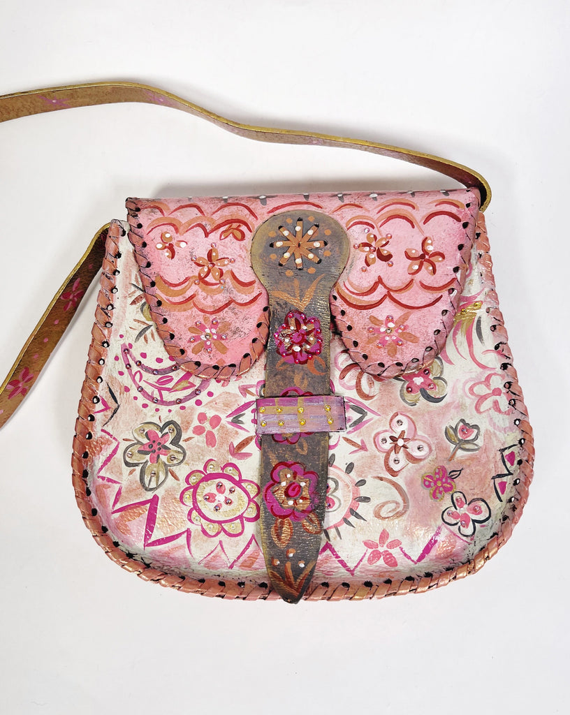 Coraline up-cycled hand painted leather shoulder handbag by Mer Rose Atelier