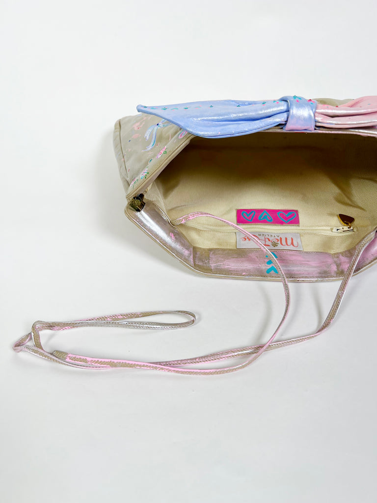 Upcycled, hand painted, one-of-a-kind clutch real leather handbag by Mer Rose Atelier, Marla Meridith.