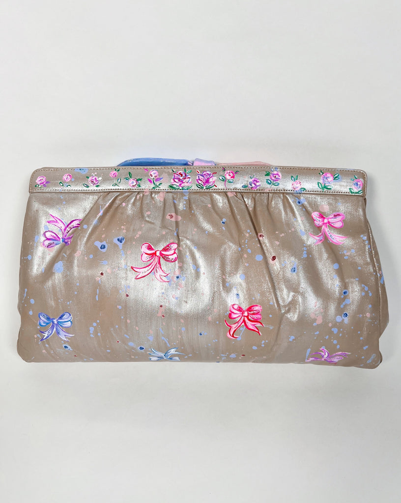 Upcycled, hand painted, one-of-a-kind clutch real leather handbag by Mer Rose Atelier, Marla Meridith.