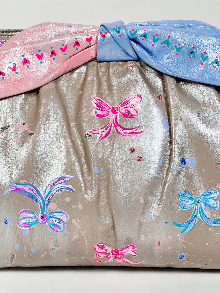 Upcycled, hand painted, one-of-a-kind clutch real leather handbag by Mer Rose Atelier, Marla Meridith.