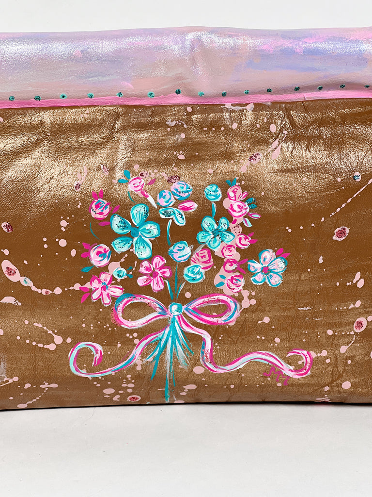 Beautiful hand painted, one-of-a-kind vintage real leather clutch with bow by Mer Rose Atelier, artist Marla Meridith.