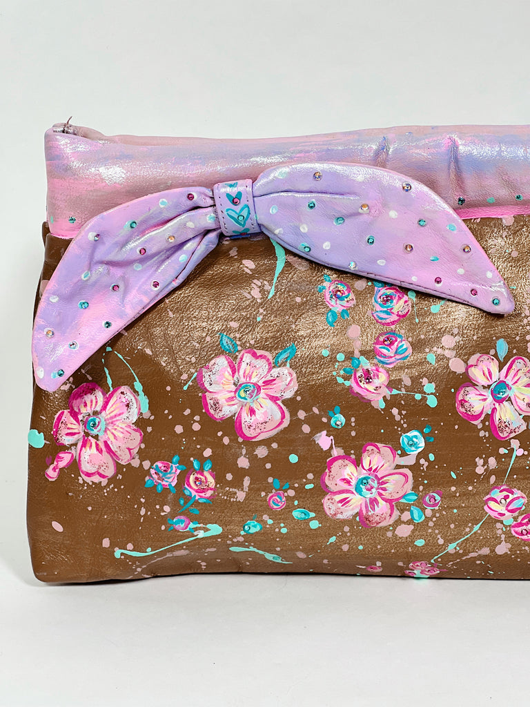 Beautiful hand painted, one-of-a-kind vintage real leather clutch with bow by Mer Rose Atelier, artist Marla Meridith.