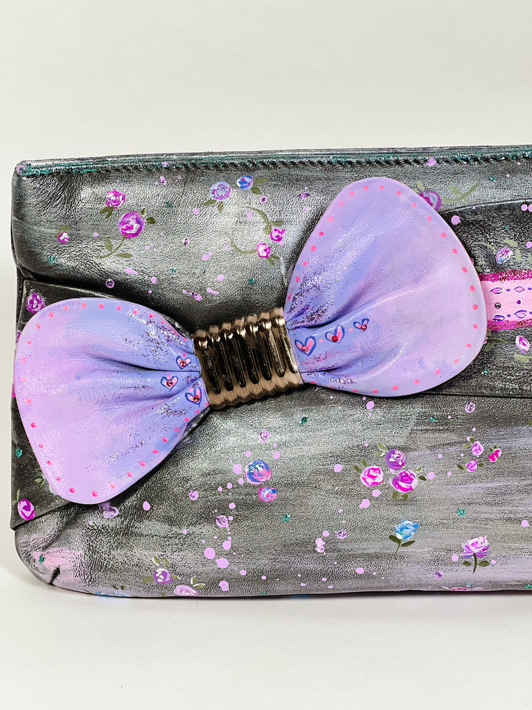 Lorna clutch by Mer Rose Atelier. Hand painted, one-of-a-kind real leather vintage handbag with bows and roses.