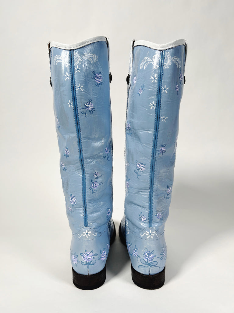 Hand painted, one-of-a-kind, up cycled leather boots by Marla Meridith, Mer Rose Atelier