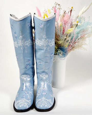 Hand painted, one-of-a-kind, up cycled leather boots by Marla Meridith, Mer Rose Atelier