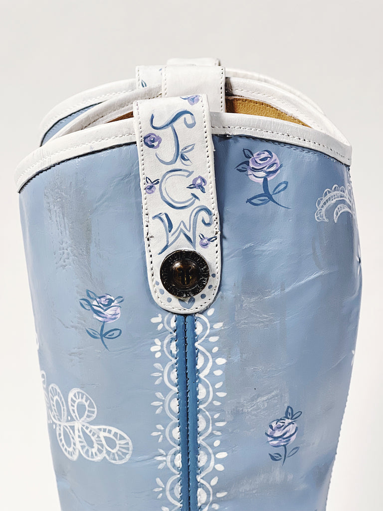 Hand painted, one-of-a-kind, up cycled leather boots by Marla Meridith, Mer Rose Atelier