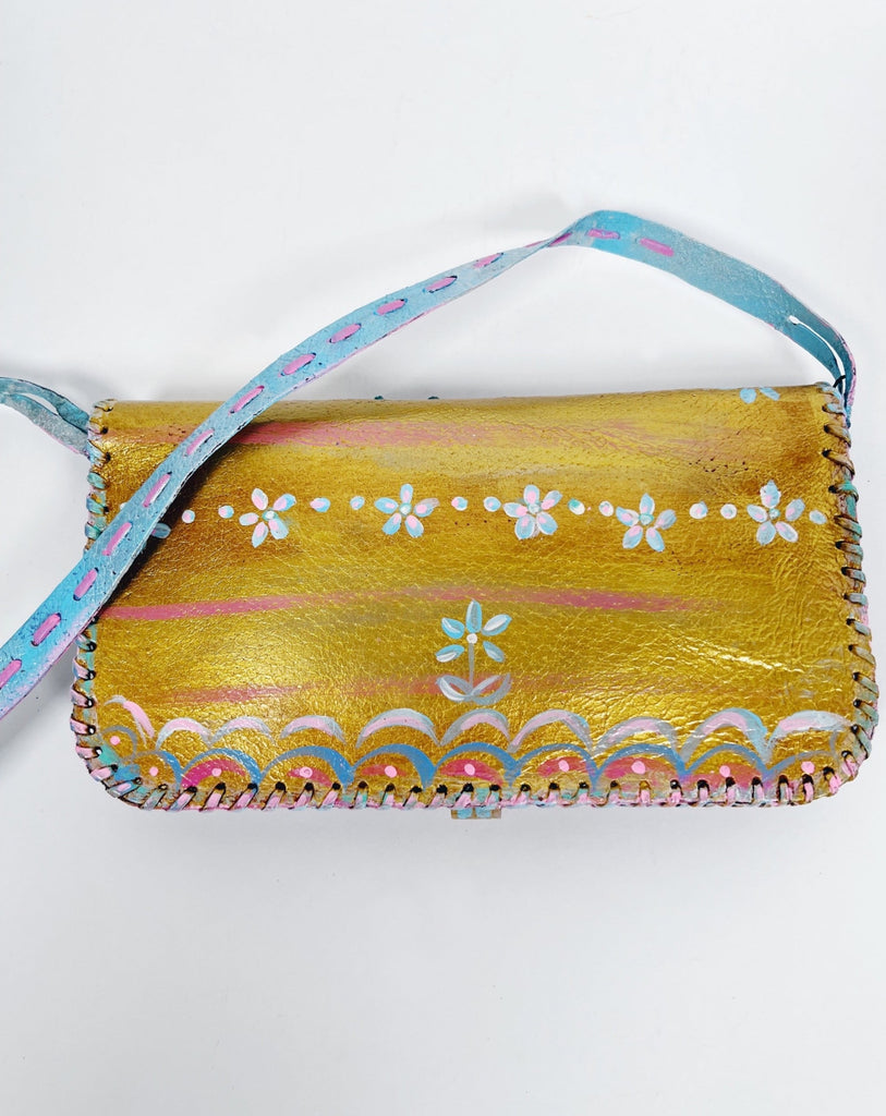 Mer Rose Atelier hand Painted, one-of-a-kind crossbody up cycled leather hand bag by artist Marla Meridith