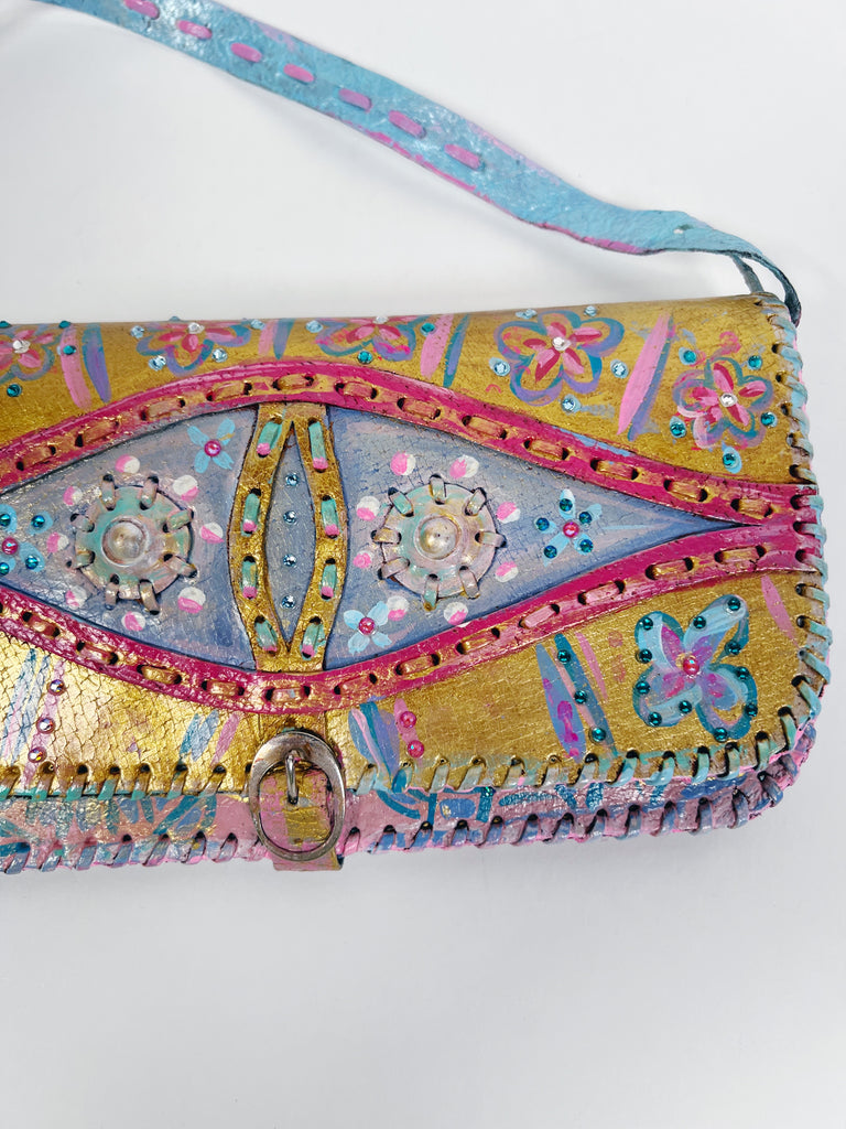Mer Rose Atelier hand Painted, one-of-a-kind crossbody up cycled leather hand bag by artist Marla Meridith