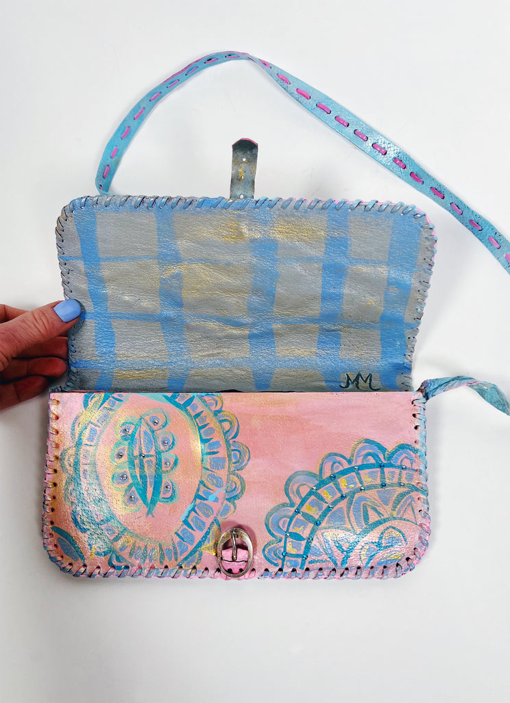 Mer Rose Atelier hand Painted, one-of-a-kind crossbody up cycled leather hand bag by artist Marla Meridith