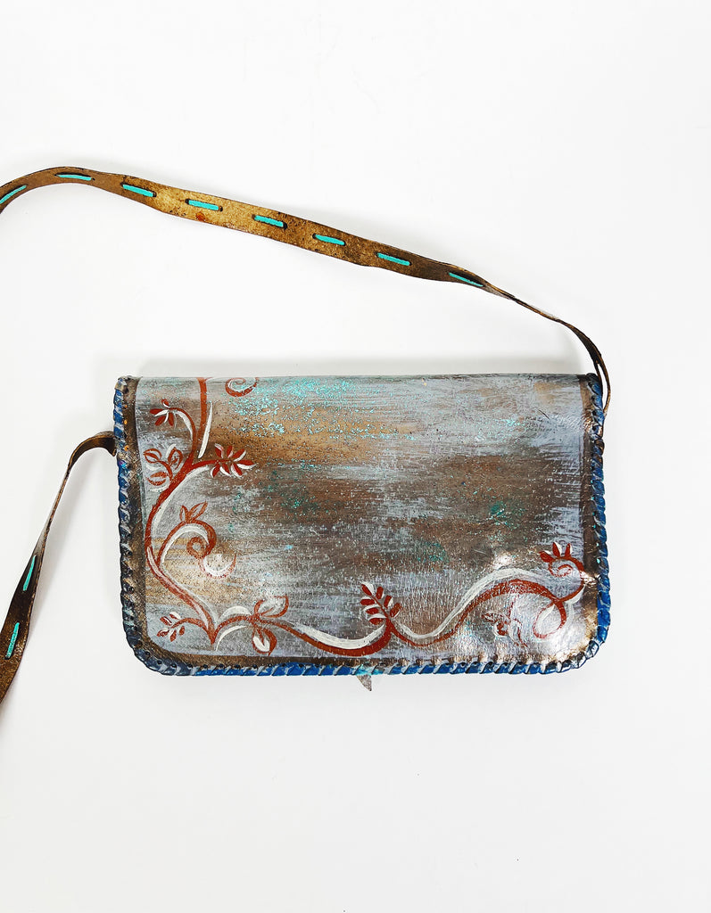 Mer Rose Atelier hand Painted, one-of-a-kind crossbody up cycled leather hand bag by artist Marla Meridith