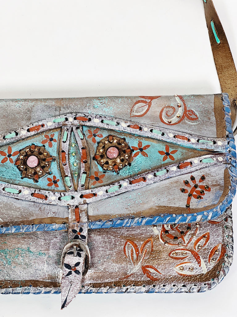 Mer Rose Atelier hand Painted, one-of-a-kind crossbody up cycled leather hand bag by artist Marla Meridith