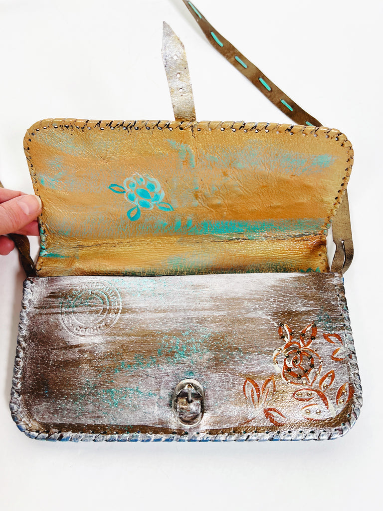 Mer Rose Atelier hand Painted, one-of-a-kind crossbody up cycled leather hand bag by artist Marla Meridith
