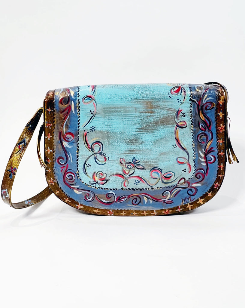 One-of-a-kind, hand painted, up cycled Mer Rose Atelier leather bag by artist  Marla Meridith