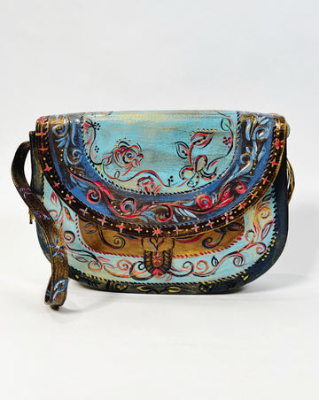 One-of-a-kind, hand painted, up cycled Mer Rose Atelier leather bag by artist  Marla Meridith