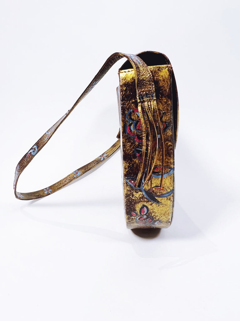 One-of-a-kind, hand painted, up cycled Mer Rose Atelier leather bag by artist  Marla Meridith