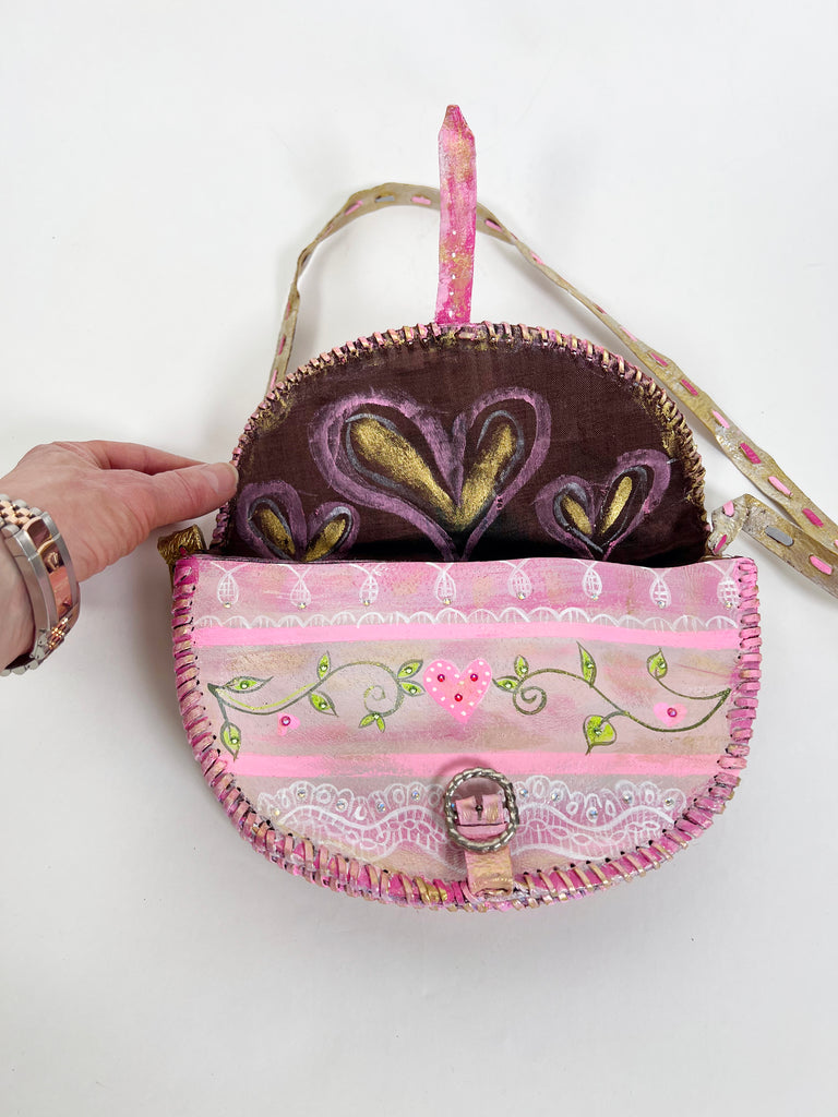 Sylvie crossbody handpainted, up-cycled handbag in pastels by Mer Rose Atelier.