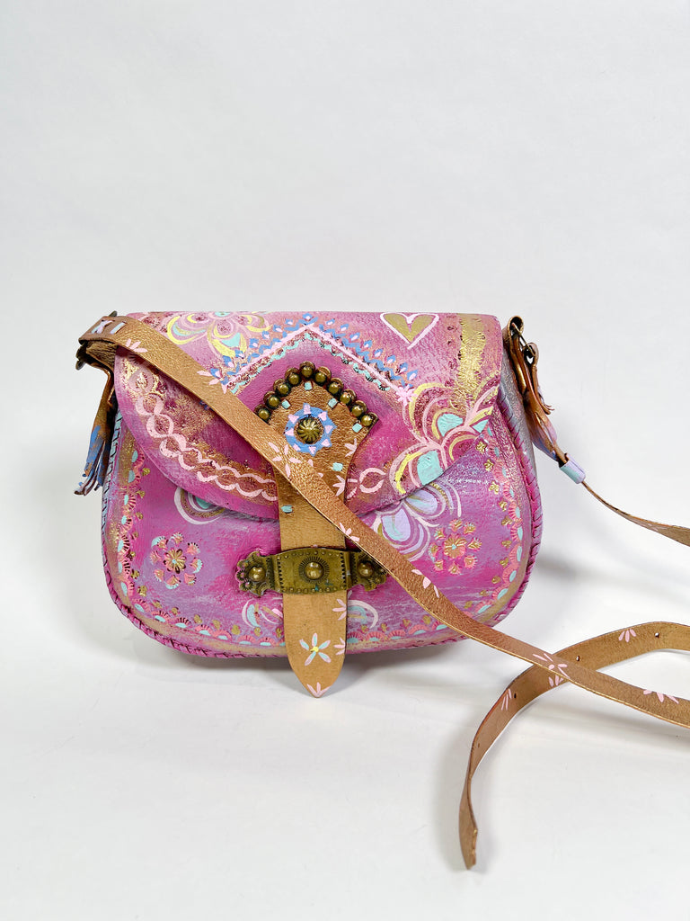 Sabrina crossbody handpainted, up-cycled leather handbag by Mer Rose Atelier.