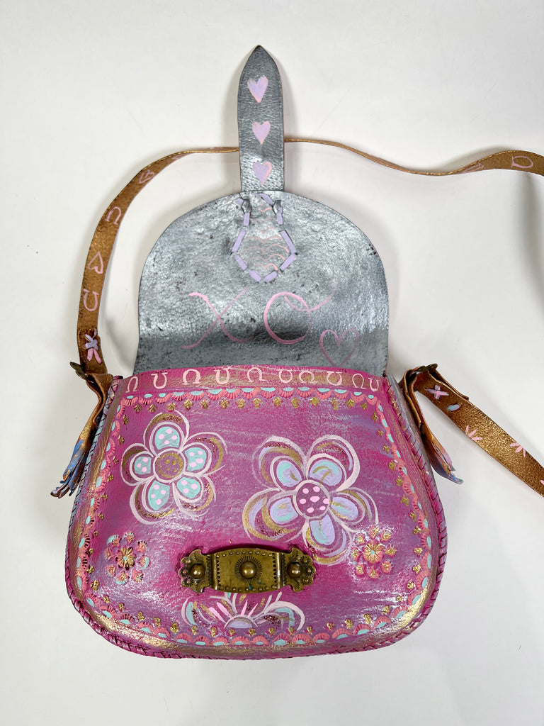 Sabrina crossbody handpainted, up-cycled leather handbag by Mer Rose Atelier.