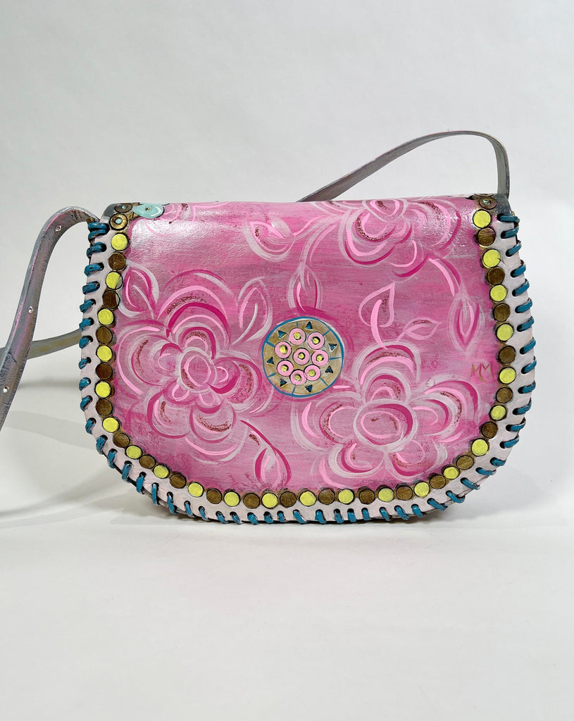 Mer Rose Atelier Beatrice pink/turquoise/gold handpainted vintage leather handbag.