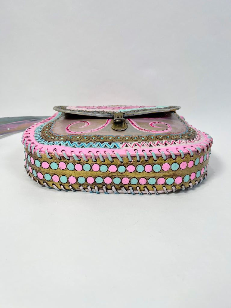 Mer Rose Atelier Beatrice pink/turquoise/gold handpainted vintage leather handbag.