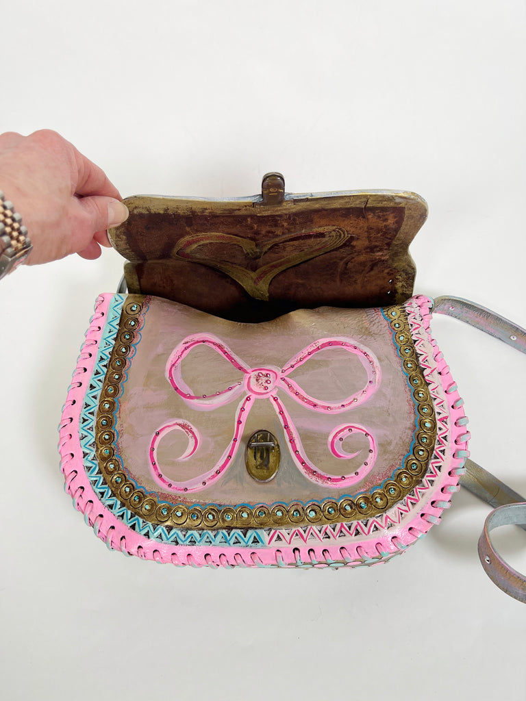 Mer Rose Atelier Beatrice pink/turquoise/gold handpainted vintage leather handbag.