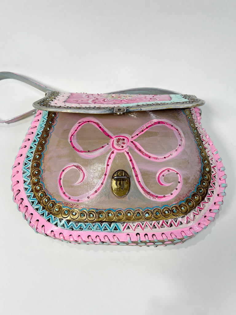 Mer Rose Atelier Beatrice pink/turquoise/gold handpainted vintage leather handbag.