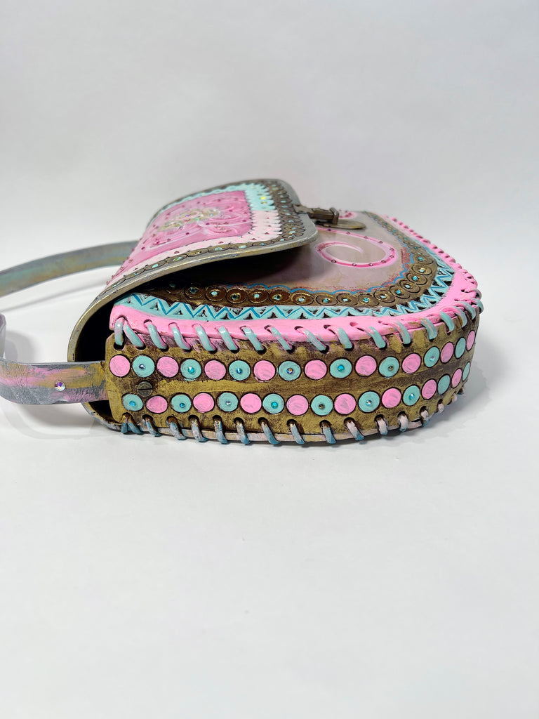Mer Rose Atelier Beatrice pink/turquoise/gold handpainted vintage leather handbag.