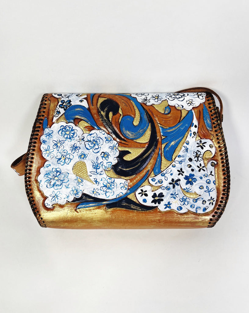 Mer Rose Atelier hand Painted, one-of-a-kind crossbody up cycled leather hand bag by artist Marla Meridith