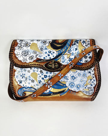 Mer Rose Atelier hand Painted, one-of-a-kind crossbody up cycled leather hand bag by artist Marla Meridith