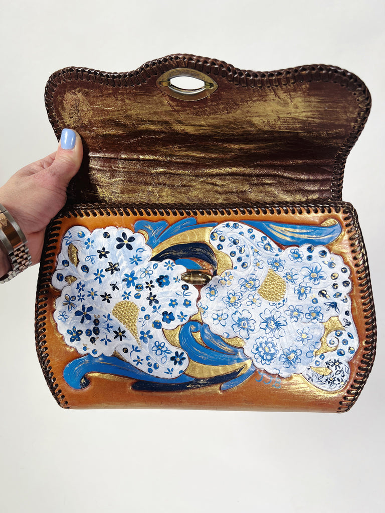 Mer Rose Atelier hand Painted, one-of-a-kind crossbody up cycled leather hand bag by artist Marla Meridith