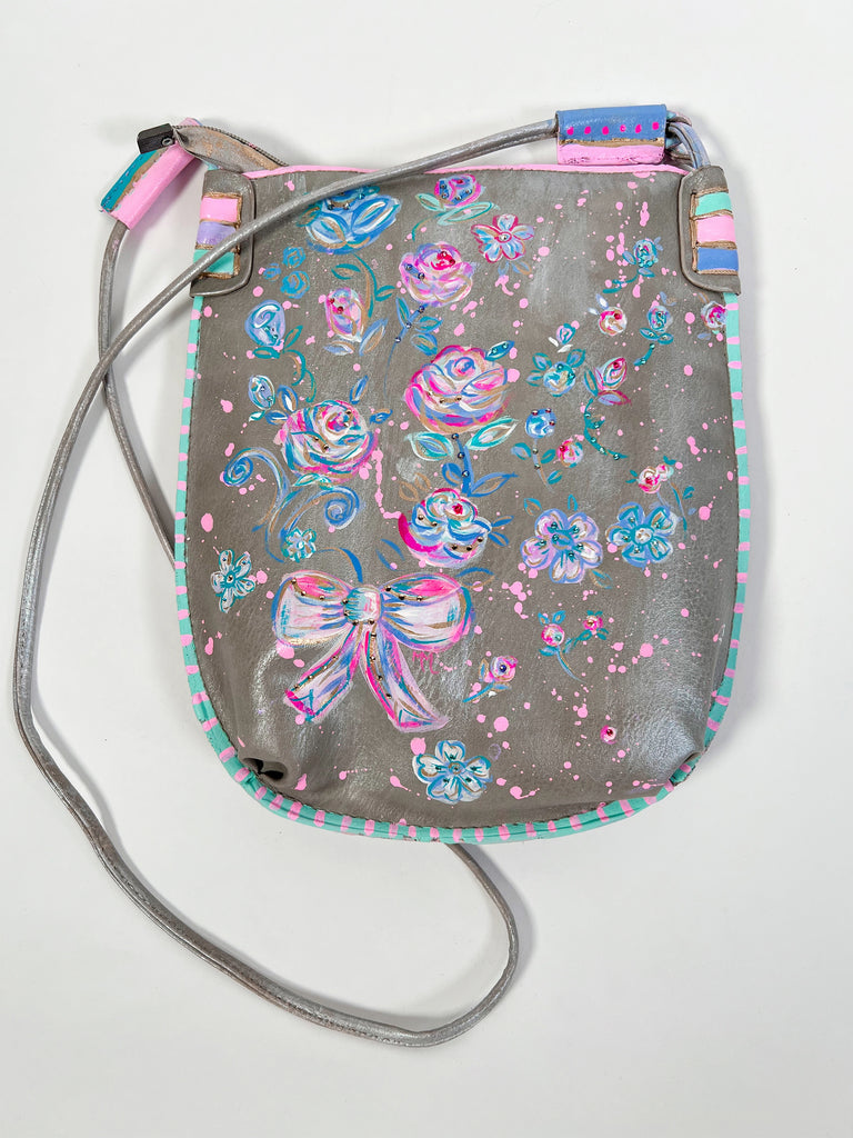 One-of-a-kind, hand painted, up cycled Mer Rose Atelier leather bag by artist  Marla Meridith