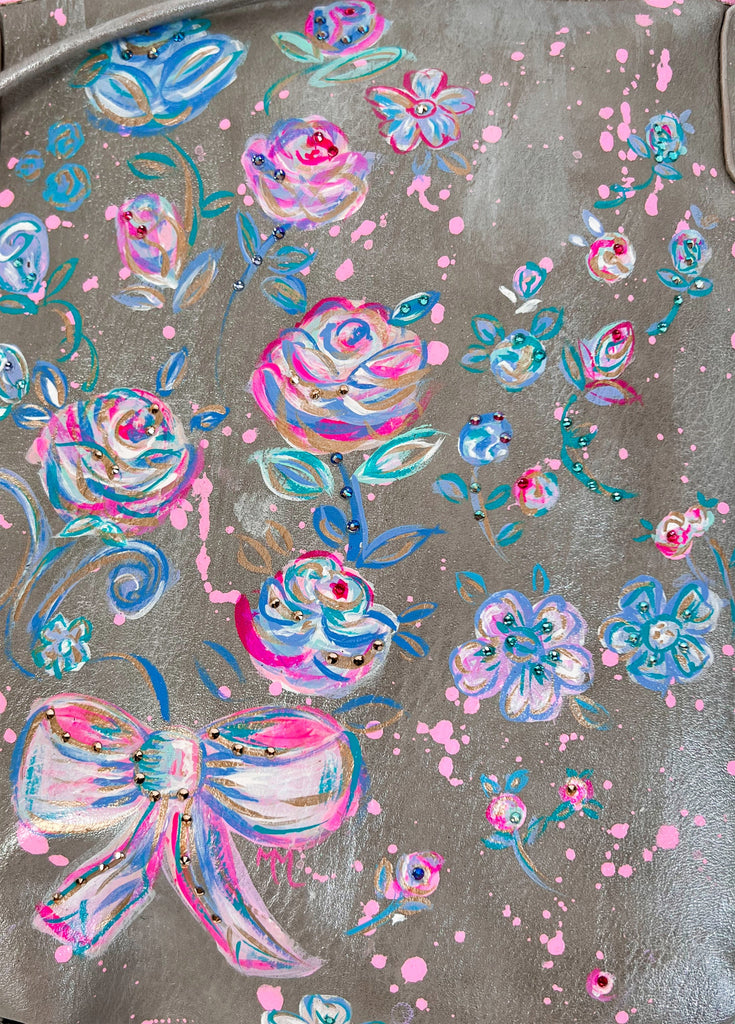 One-of-a-kind, hand painted, up cycled Mer Rose Atelier leather bag by artist  Marla Meridith