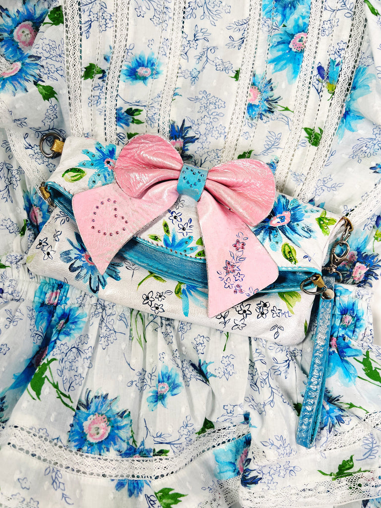 Upcycled, hand painted, one-of-a-kind clutch real leather handbag by Mer Rose Atelier, Marla Meridith.