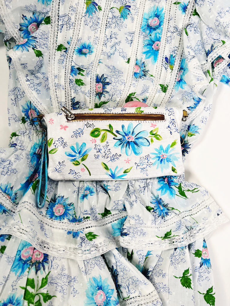 Upcycled, hand painted, one-of-a-kind clutch real leather handbag by Mer Rose Atelier, Marla Meridith.