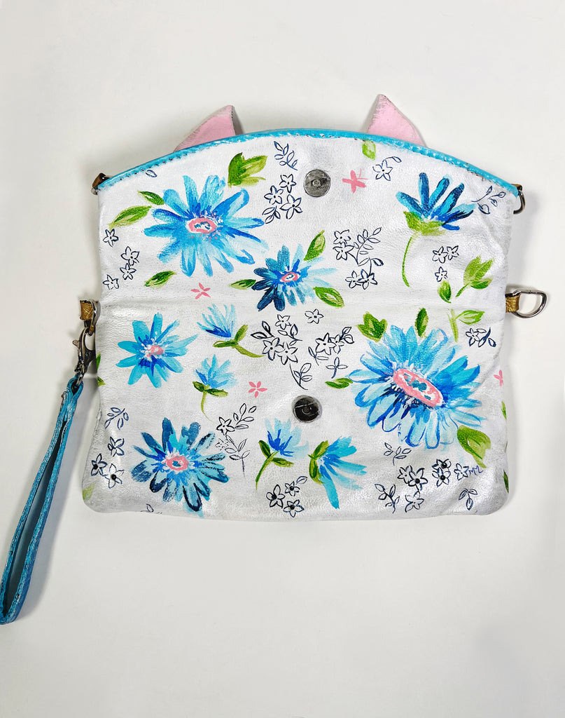Upcycled, hand painted, one-of-a-kind clutch real leather handbag by Mer Rose Atelier, Marla Meridith.