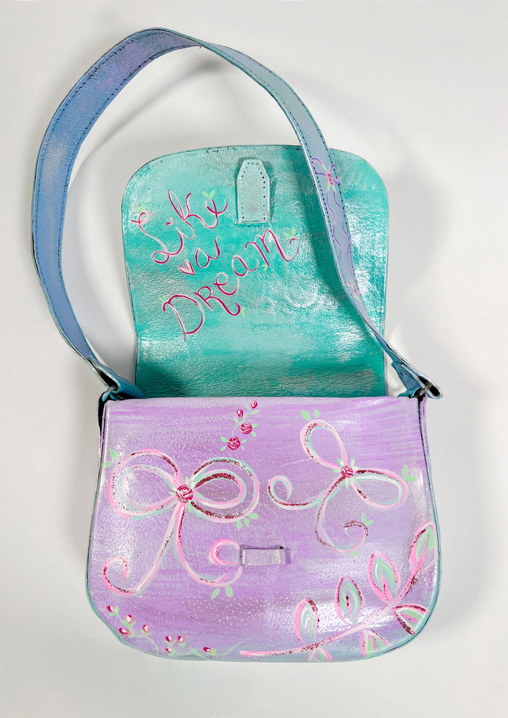 One-of-a-kind, hand painted, up cycled Mer Rose Atelier leather bag by artist  Marla Meridith